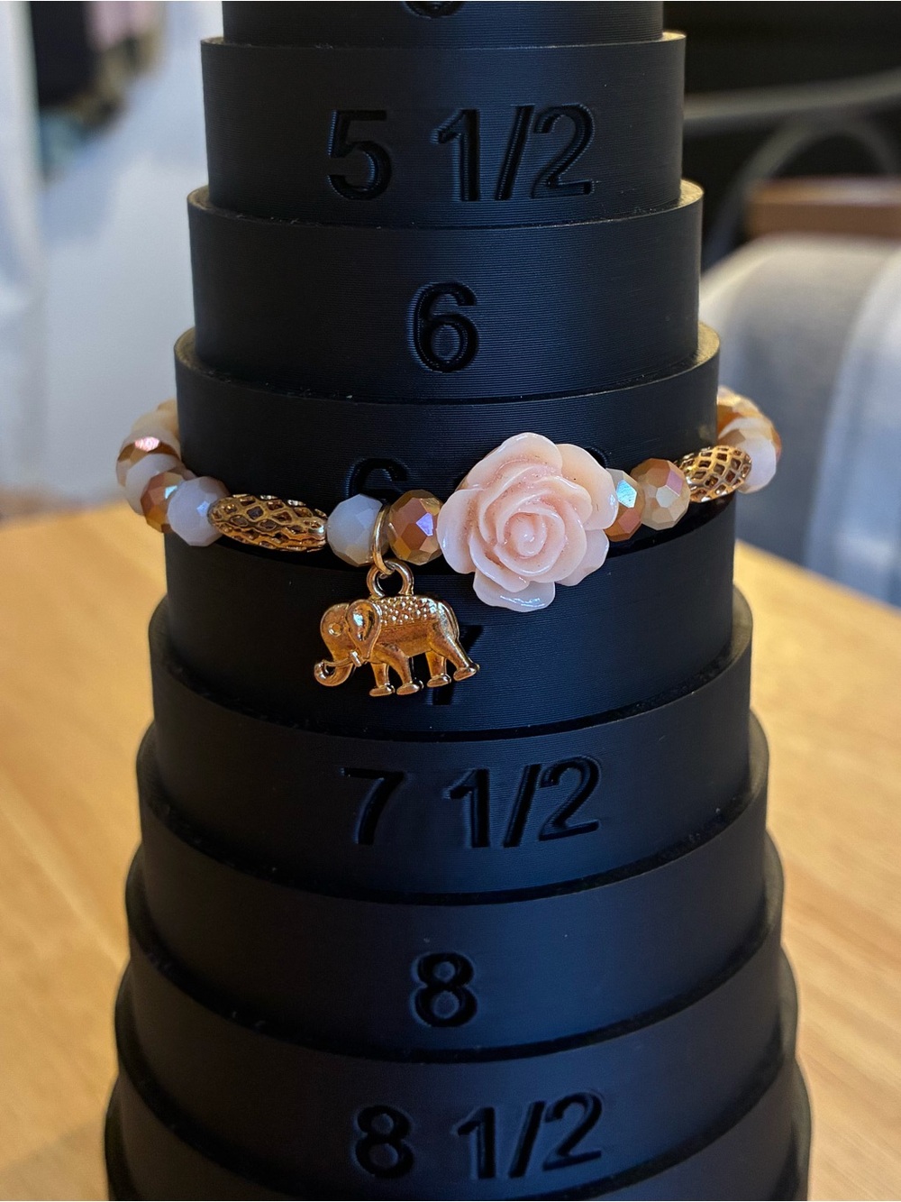 Pink Rose Beaded Bracelet with Gold Elephant Charm